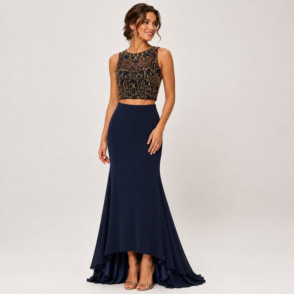 Navy Blue Chiffon 2 Piece Prom Dress Size 4 Gold Beads Special Occasion Formal